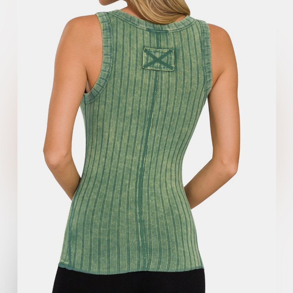 NEW Zenana Gaia Dark Green Acid Washed Ribbed Half Snap Henley Tank Top - Picture 3 of 3